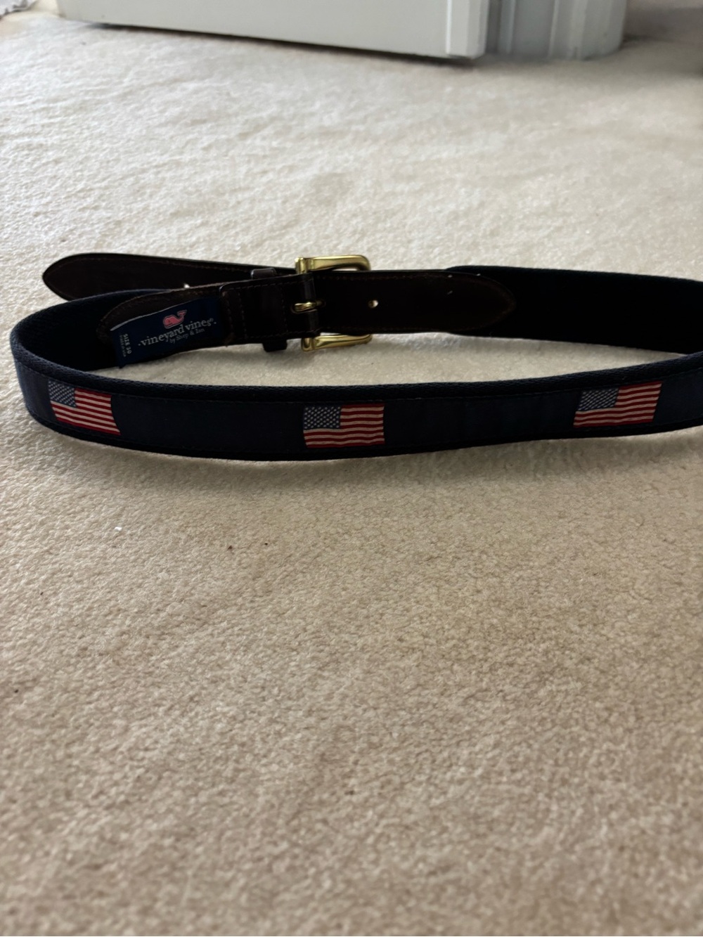 Vineyard Vines Navy Ribbon Belt with Brown Leather & Brass Buckle size 30 - Picture 2 of 4